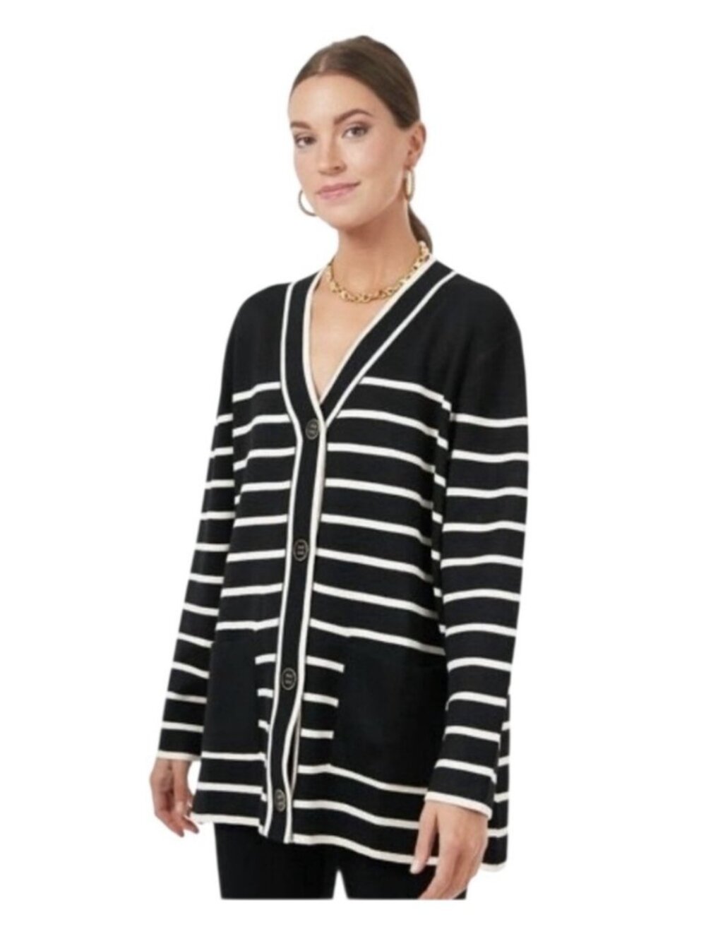 Tuckernuck Lauren Sweater Small Cardigan Black White Stripe Gold Buttons NWOT